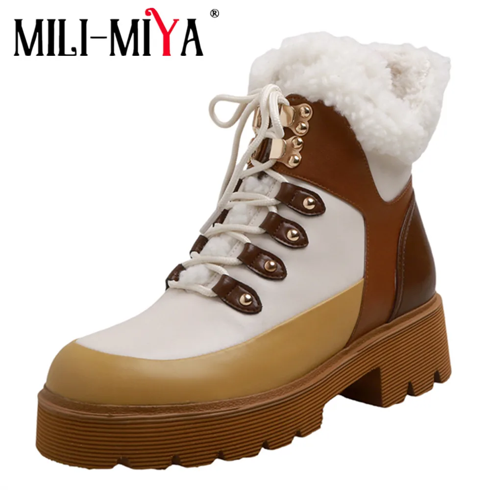 

MILI-MIYA New Arrival Mixed Color Women Cow Leather Ankle Boots Round Toe Thick Heels Lace Up Warm Short Plush Winter Martin Sho