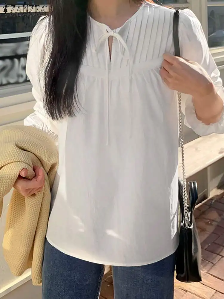 

Элегантные блузки на шнуровке ZANZEA, женская блузка с длинным пышным рукавом, весна 2024, винтажная плиссированная туника, Повседневная Свободная фотография