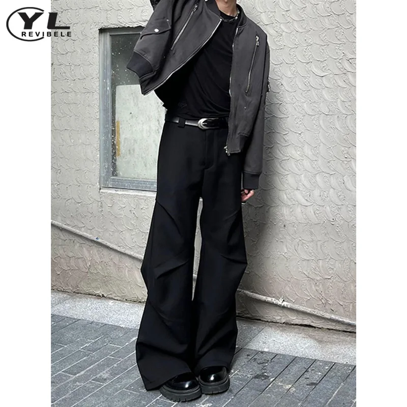 

High Street Casual Black Suit Pant Men's Fold Design Handsome Straight Pants Vintage Baggy Male Jogging Wide Leg Trousers Summer