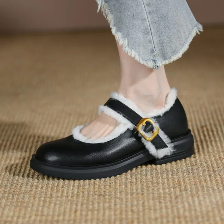 

Black Leather Women Shallow Flats Round Toe Casual Autumn Mary Jeans Espadrilles Plush Inside Winter Work Moccasins Femmes