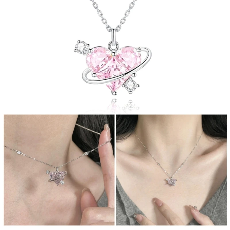 

Pink Diamonds Love Heart Planet Necklace Girls All-matched High Grade Ins Wind Niche Exquisite Trend Clavicle Chain