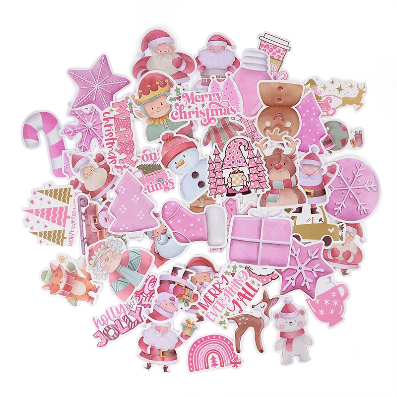 

50pcs Christmas Pink Waterproof Sticker Merry Christmas Cartoon Santa Claus Snowman Snowflake Elk DIY Decoration New Year Gifts