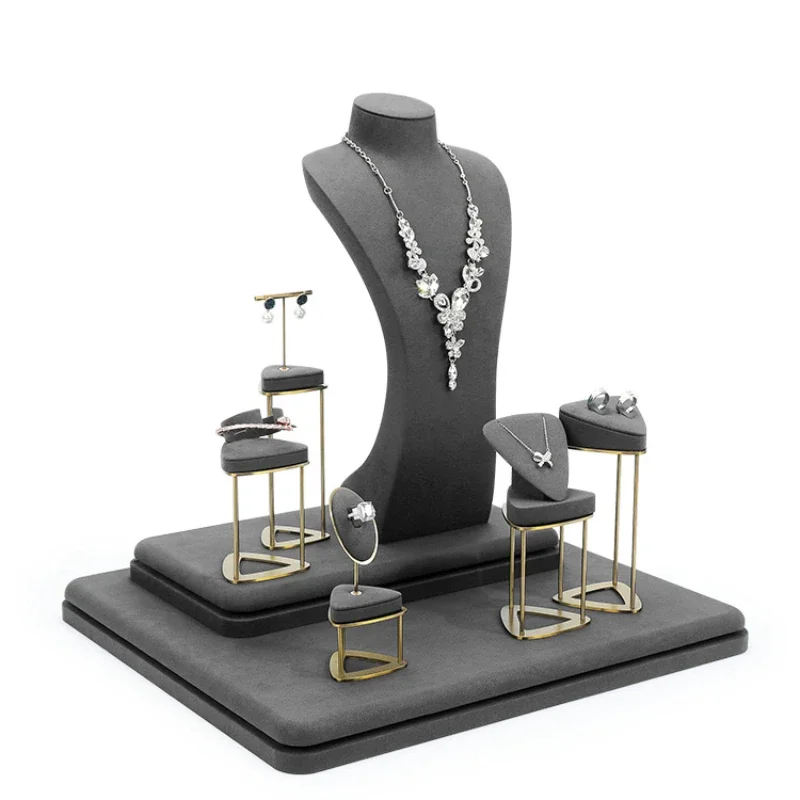 

Gray microfiber metal jewelry display props, high-end light luxury rings, earrings, necklaces, counters, jewelry display racks