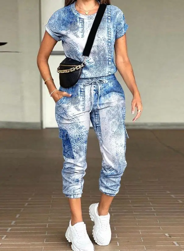 Fashion Woman Outfits European & American Women's Clothes Casual Denim Look Print Top & Drawstring Cuffed Pants Set for Women
Fashion Woman Outfits European & American Women's Clothes Casual Denim Look Print Top & Drawstring Cuffed Pants Set for Women