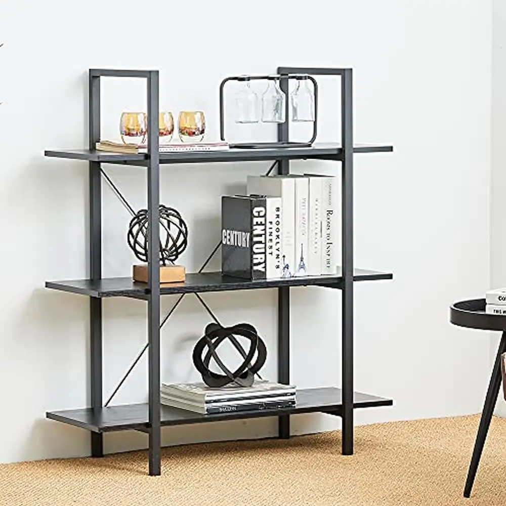 

3 Tier Metal Frame Bookshelf 41.5" H Rustic Display Storage Oak Shelf Sturdy Tiered Floor Mount Bookcase 383 lbs Capacity