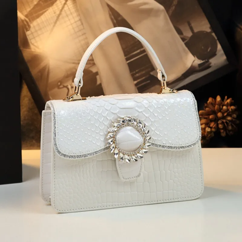 

Genuine Leather Women Handbags 2024 Fashion Small Diamonds Shoulder Crossbody Bag Trend Square Crocodile Pattern Messenger Bags