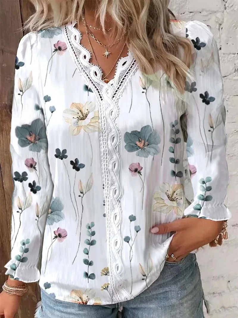Plus Size 1XL-5XL Women's Floral Print Top Long Sleeved Hollow Out Casual Shirt V-neck Fashionable Shirt Plus Size 1XL-5XL Women's Floral Print Top Long Sleeved Hollow Out Casual Shirt V-neck Fashionable Shirt