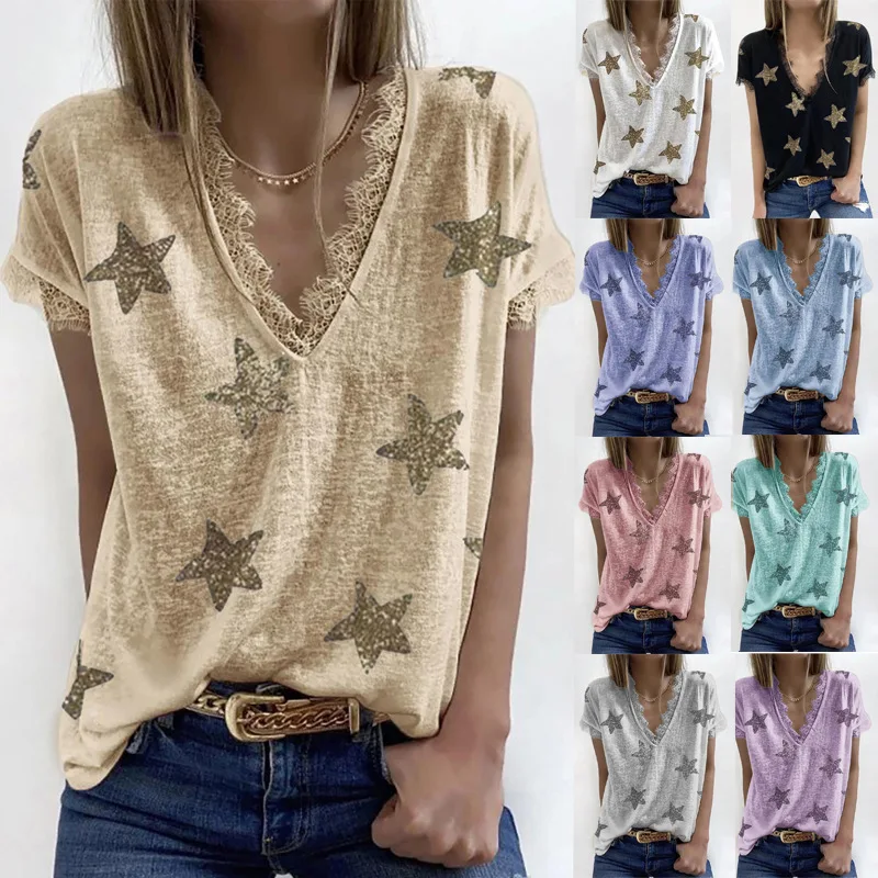 Women's T-shirt 2023 Summer V-neck Fashion Stars Printed Lace T-shirt Street Style Casual Tops Female
Women's T-shirt 2023 Summer V-neck Fashion Stars Printed Lace T-shirt Street Style Casual Tops Female