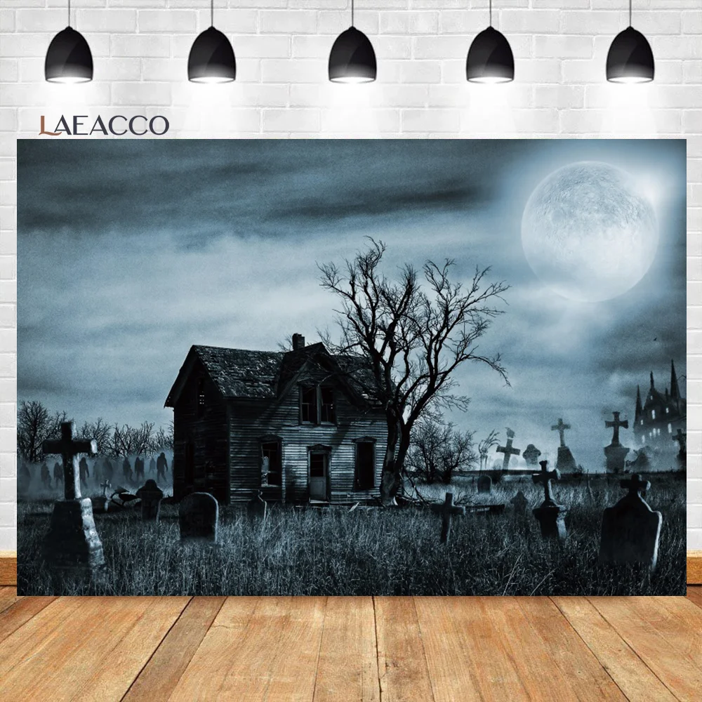 

Laeacco Halloween Scary Haunted House Backdrop Night Moonlight Graveyard Kid Trick or Treat Baby Portrait Photography Background