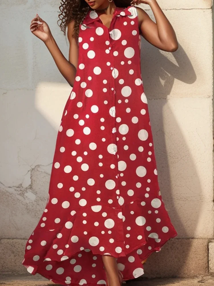 

Платье ZANZEA женское длинное в горошек, Повседневная рубашка без рукавов, с оборками на подоле, модная уличная одежда с лацканами, на лето