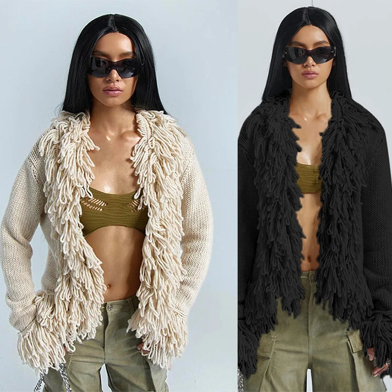 

Spring Solid Open Front Knitted Fringes Cardigan Long Sleeve Cuff Tassels Asymmetrical Hem Cardigan Knit Sweater