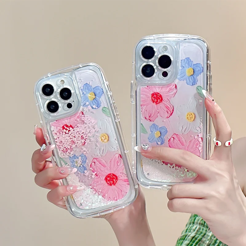 

Oil Painting Floral Quicksand Phone Case for iPhone 15 15Pro Max 14 13 Pro 12 11 Flower Dynamic Liquid Soft Silicone Back Cover