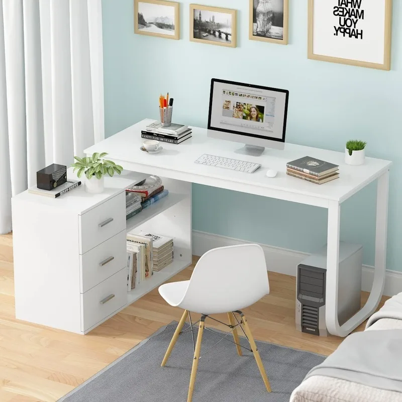 

Home Office Computer Desk Corner Desk with 3 Drawers and 2 Shelves, Large L-Shaped Study Writing Table with Storage Cabinet
