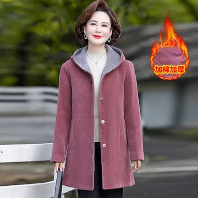 

Autumn Winter Middle-Aged Elderly Mother's Woolen Jackets Thicken Quilted Warm Coat Noble Women Imitation Mink Velvet Overcoat