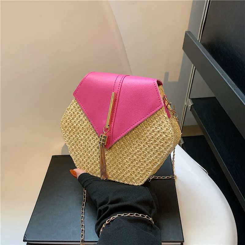 Hexagon Straw & Leather Handbag - Bohemian Woven Beach Shoulder Bag 23 Sba97dc5832d443f88532b8e41476b298l