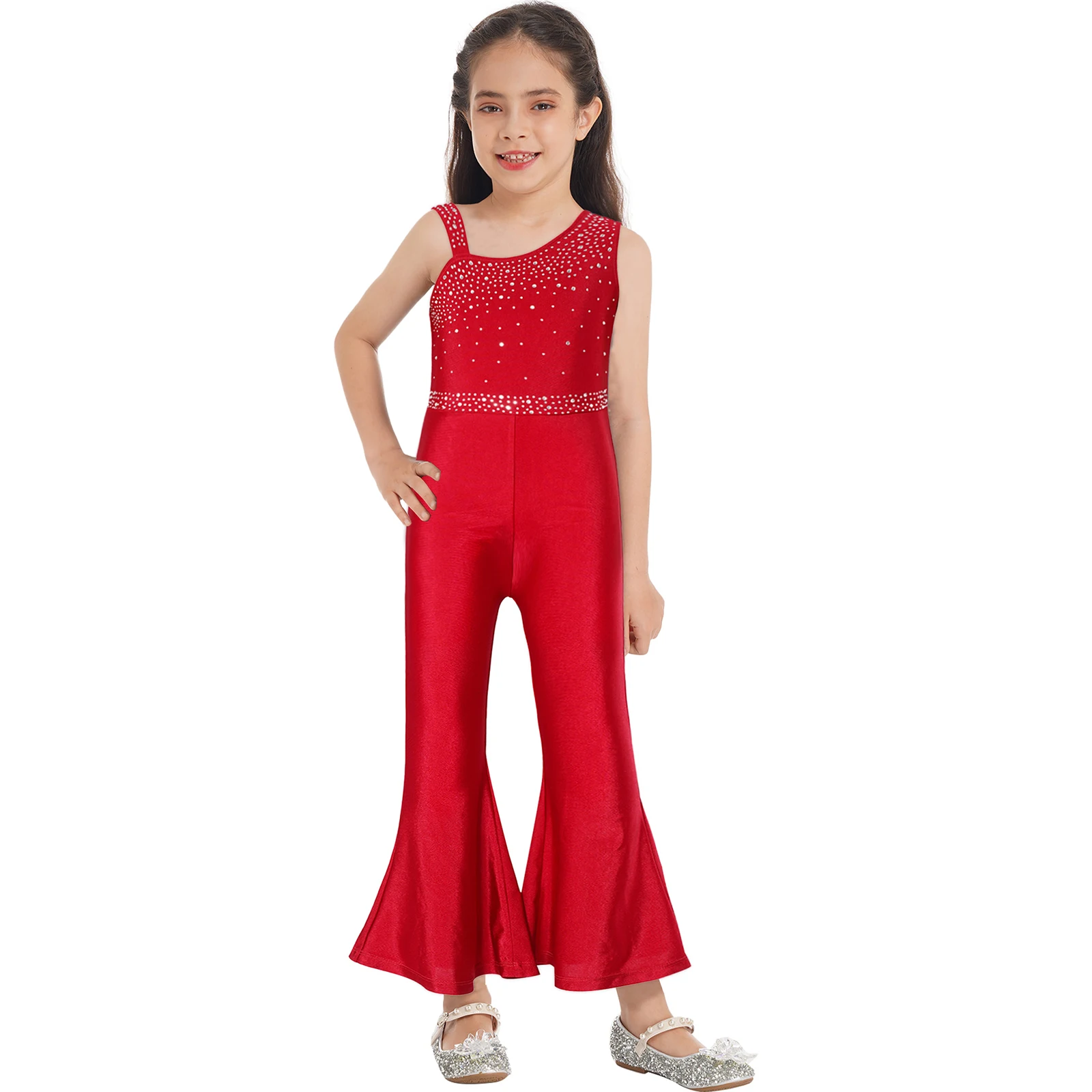 

2023 Summer New Kids Girls Sleeveless Oblique Shoulder Shiny Rhinestone Decorated Wide-leg Bell-bottom Jumpsuit for Dance Wear