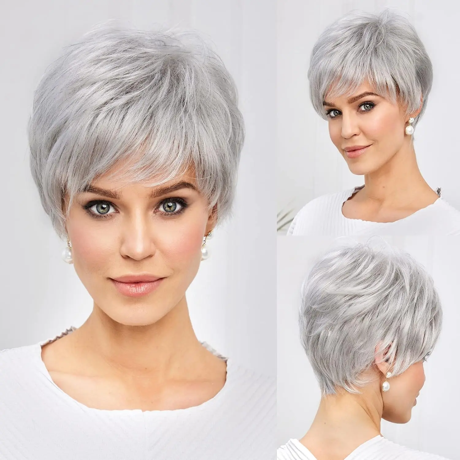 

Short Silver Gray Straight Bob Wigs For Women Silver Gray Pixie Layered Hair Wig Shaggy Natural Wavy Synthetic Hair Wig For Dail