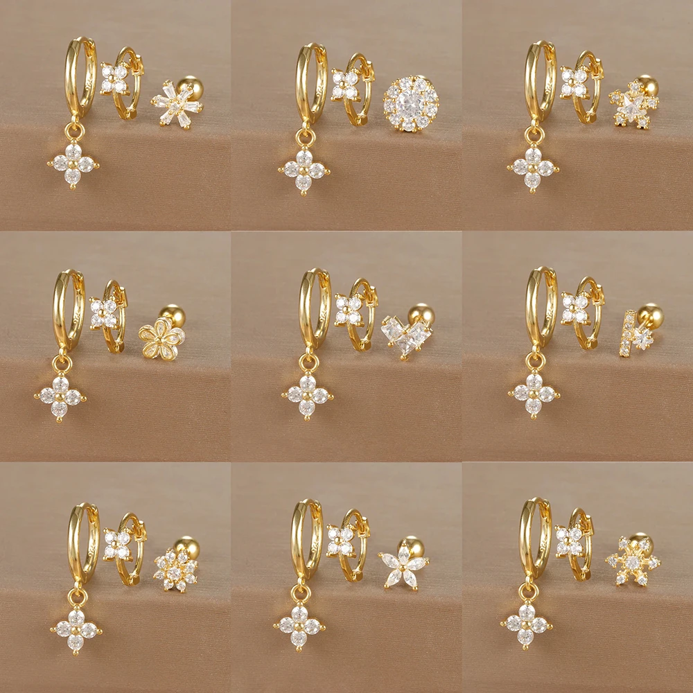 

3PCS Mini Zircon Ear Hoop Earrings Sets For Women Cartilage Stainless Steel Huggies Flower Helix Piercing Jewelry Statement Gift