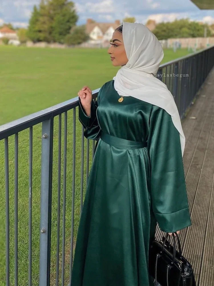 

Muslim Satin Abaya Solid Color Islamic Casual Long Dresses for Women Dubai Turkish Hijab Dress Ramadan Eid Modest Outfit Robe