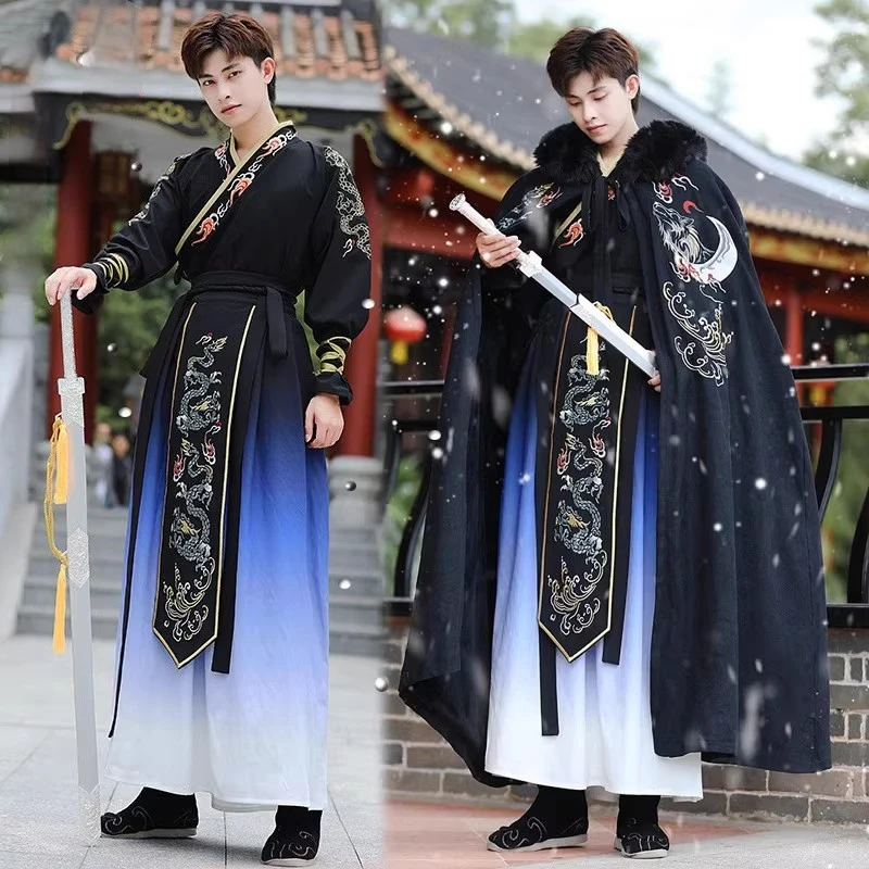 

Original Winter Men`s Hanfu Suit Cloak 2023 Chinese Traditional Return Ming Dynasty Embroidery Black Cape Cos Costume Thick Warm