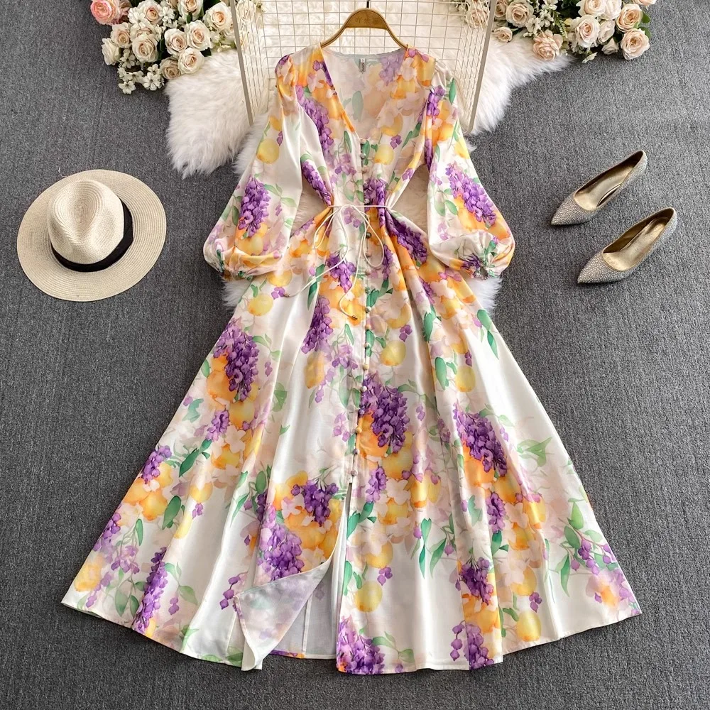 

High Quality Spring Fashion Runway Holiday Maxi Dress Women Long Lantern Sleeve Flower Print Buttons Sashes Party Vestidos 6273