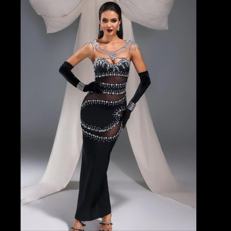 

European and American Rhinestone Chain Tube Top Sexy Nightclub Wine Black Dress Bandage Dress Party Dress Sheer Mesh Sexy