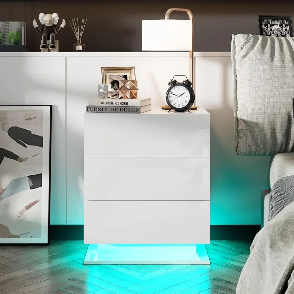 

Modern High Gloss Bedside Table Mobile Nightstand Set of 2 LED Nightstand With 3 Drawers Furniture White Nightstands Bedroom