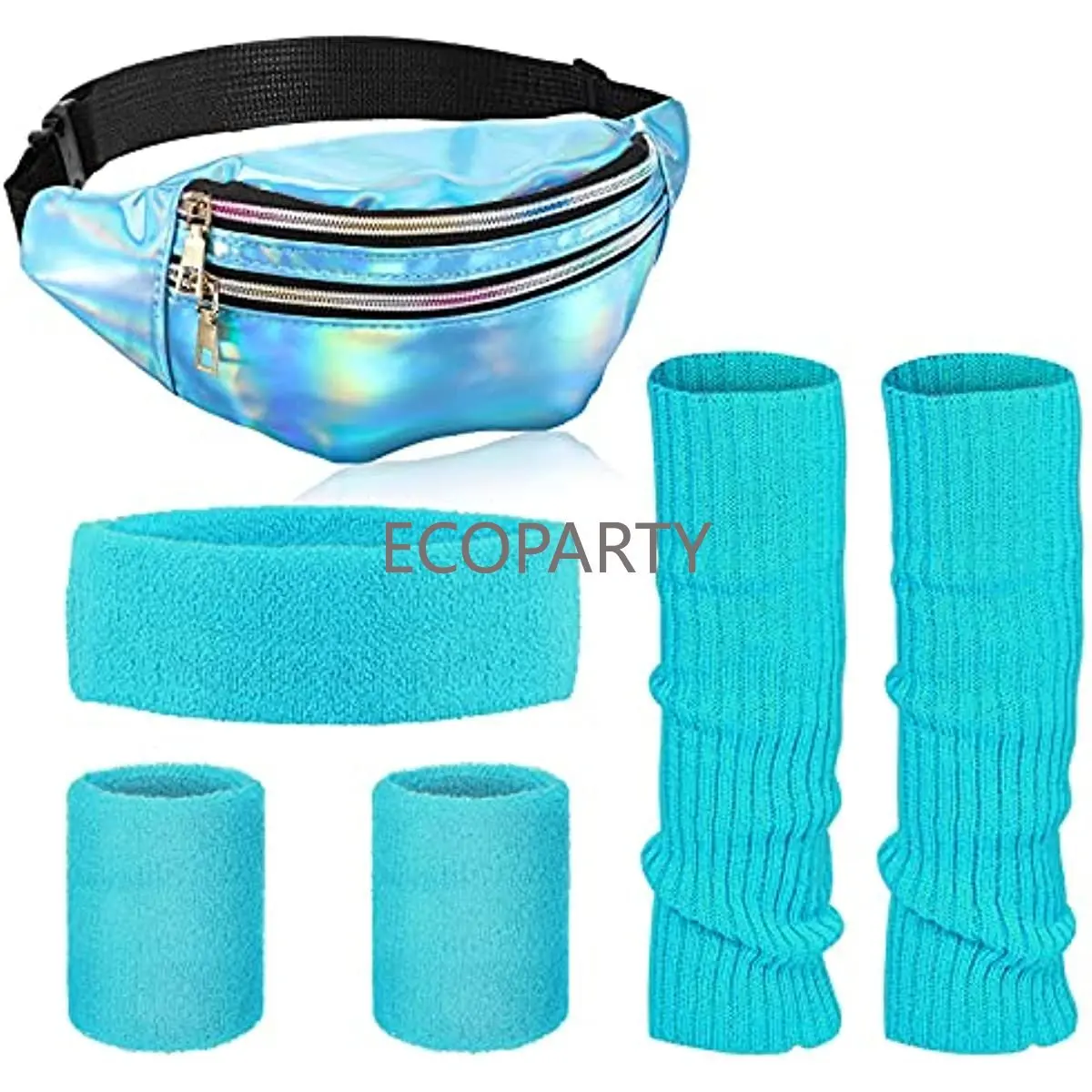 

80s Women Neon Leg Warmers Set Holographic Fanny Pack Knit Leg Warmers Headband Wristbands for Yoga Running Hiking Traveling