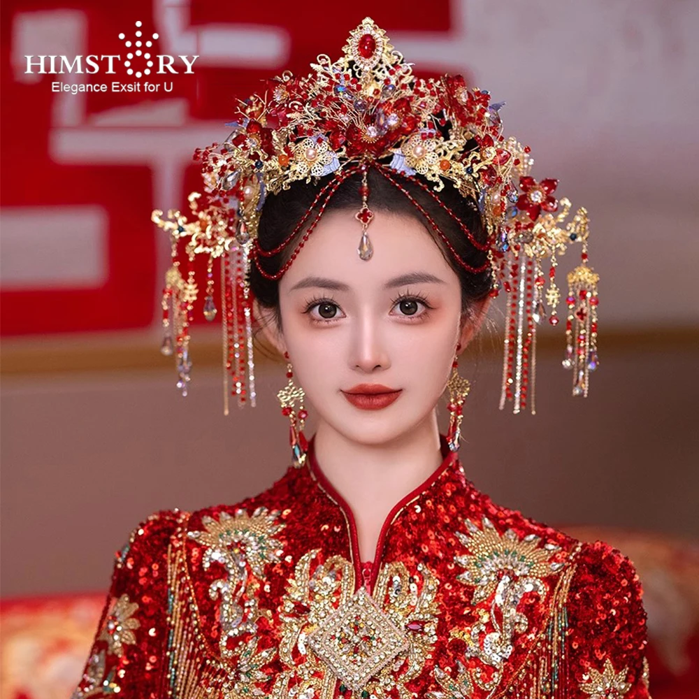 

HIMSTORY Chinese Crystal Phoenix Crown Red Hair Ornament Retro Traditional Hanfu Bride Xiuhe Wedding Dress Ancient Headwear