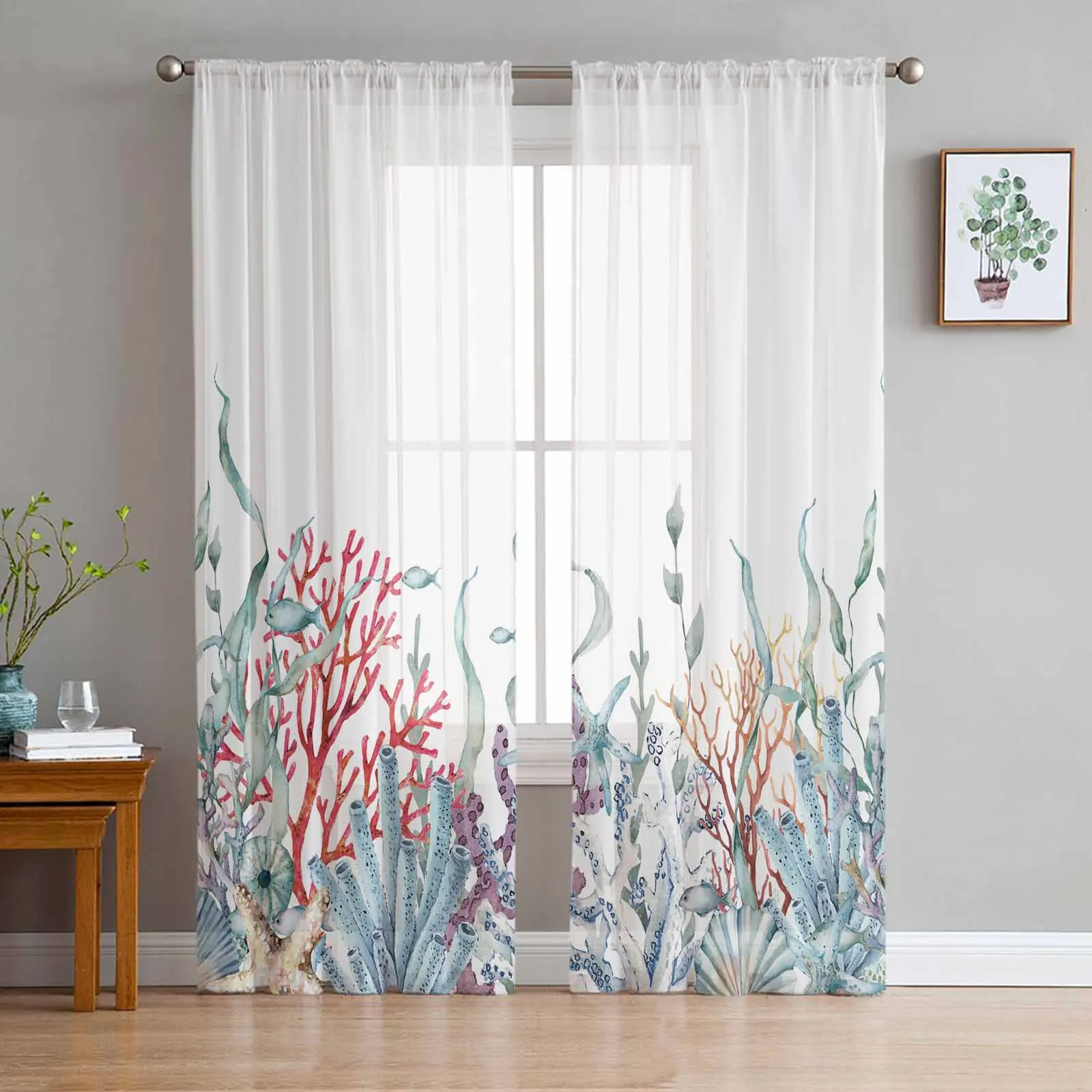 

Marine Coral In Summer Starfish Tulle Sheer Window Curtains for Living Room Kitchen Children Bedroom Voile Hanging Curtain
