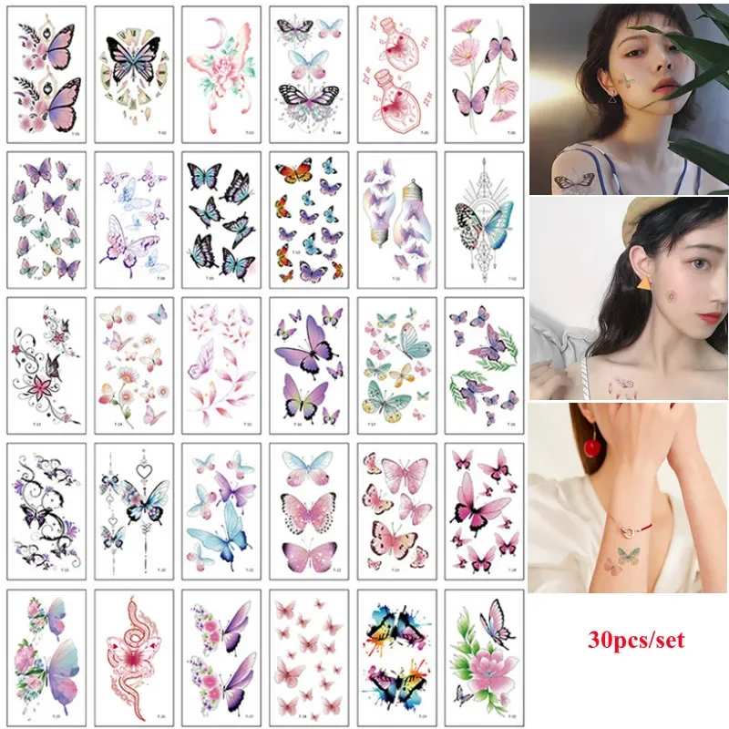 

30pcs/set Temporary Tattoos for Women Butterfly Fake Tatoo Stickers Waterproof Hands Arm Body Wrist Tatouage Temporaire Femme