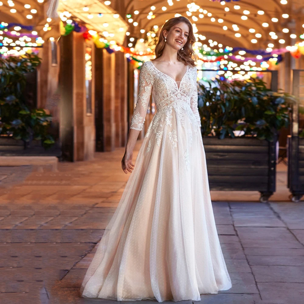 

Pastrol Tulle Wedding Dresses V Neck 3/4 Sleeves Illusion Bridal Gowns Appliques Sweep Train A-Line Vestidos De Novia 2024