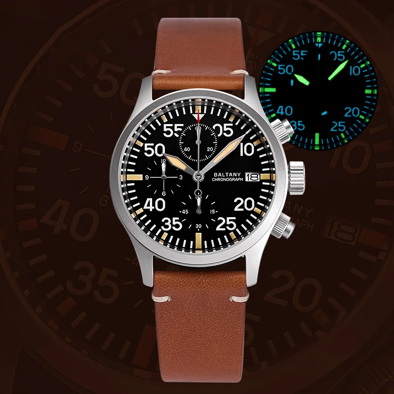 

Baltany Mens Pilot Watches Chronograph Watch 39mm Military Quartz Wristwatch Sport Sapphire 100M Waterproof VK67 BGW-9 Luminous
