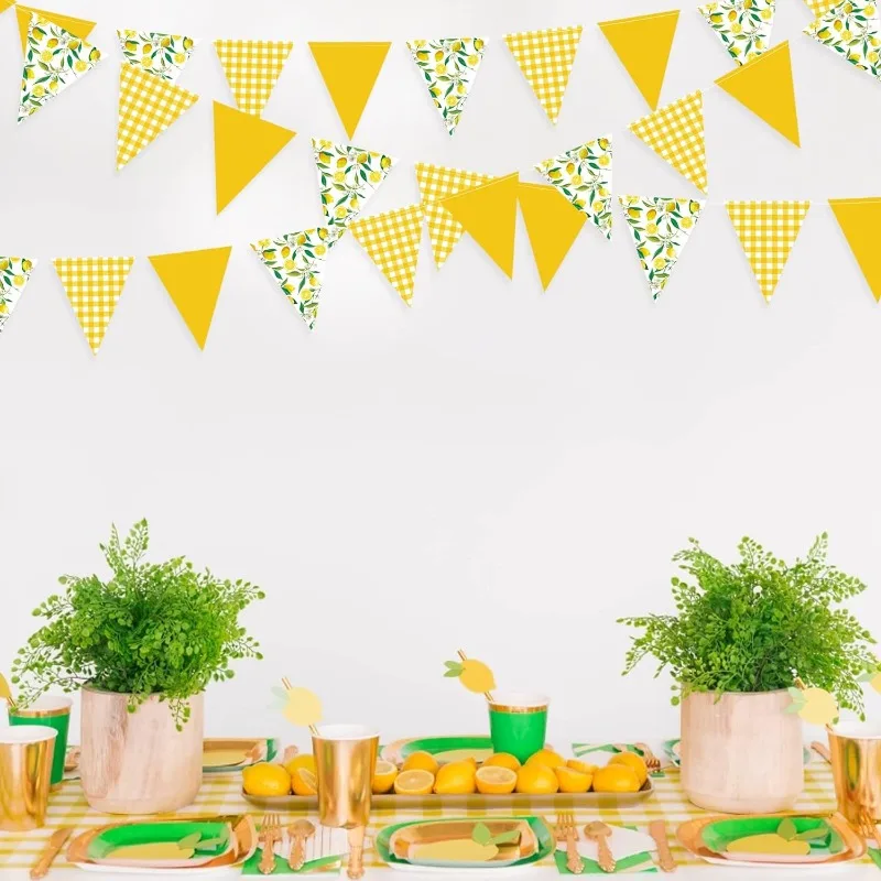 

Lemon Party Banner Decorations Yellow Plaid Floral Triangle Flag Bunting Hanging Paper Garland Streamer Wedding Party Supplies