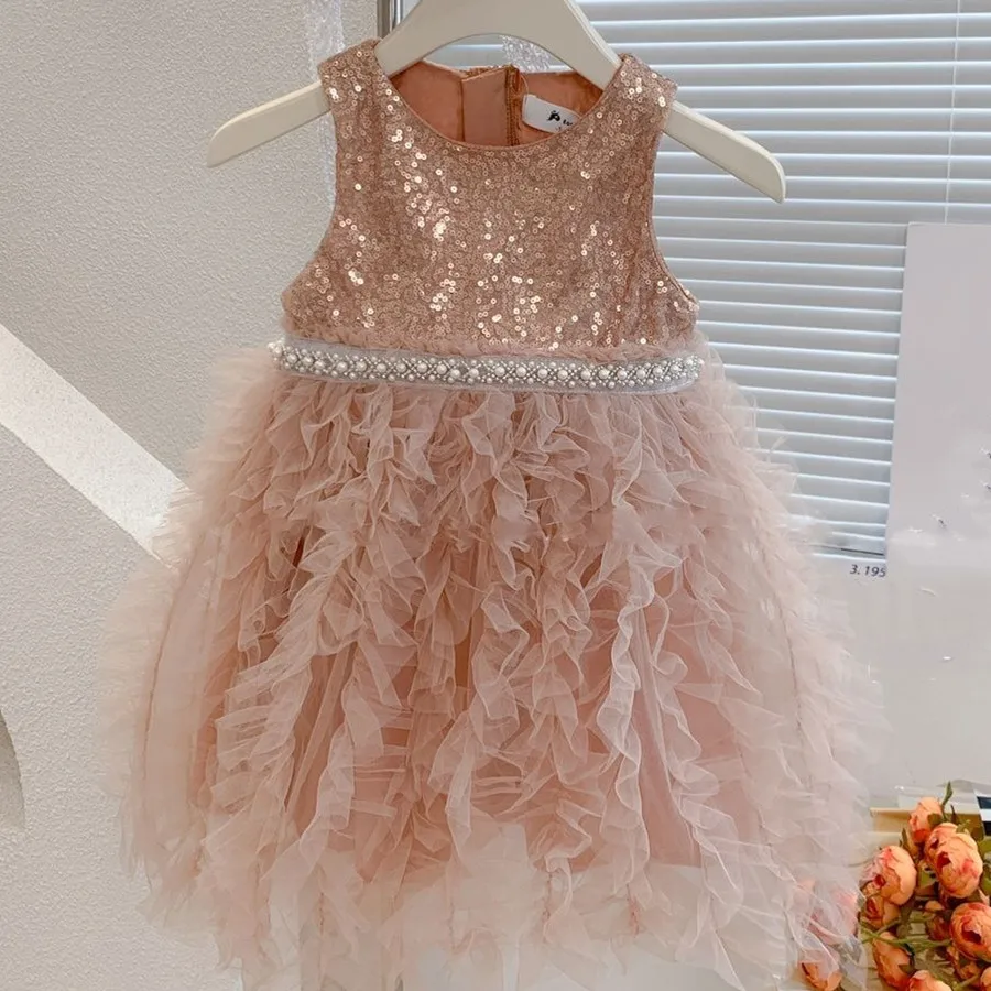 

Summer Girls Clothes Sequined Pearls Beading Party Princess Dress Children Ball Gown Girl Wedding Tutu Fluffy Dresses 2-6Y