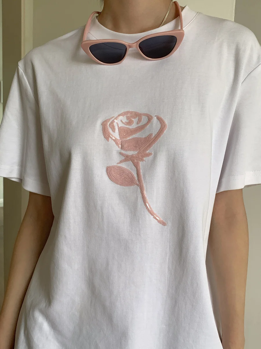 Flower Beading Sequins T-shirts For Women Round Neck Short Sleeves High Quality Cotton Women Tees Streetwear Elegant Ladies Tops
Flower Beading Sequins T-shirts For Women Round Neck Short Sleeves High Quality Cotton Women Tees Streetwear Elegant Ladies Tops