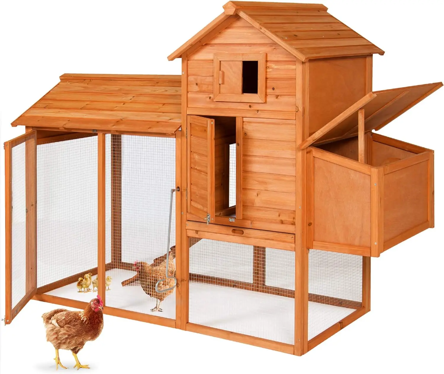 

80in Outdoor Wooden Chicken Coop Multi-Level Hen House, Poultry Cage w/Ramps, Run, Nesting Box, Wire Fence, 3 Access Areas