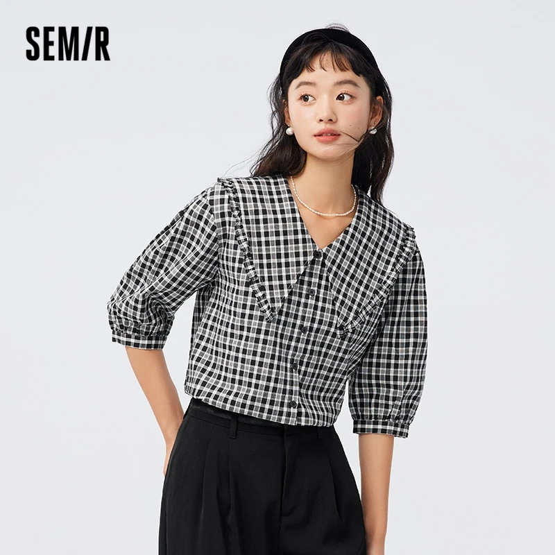 

Semir Women Shirt Middle-sleeved Shirt Autumn New Large Lapel Stringy Selvedge Cotton Top Elegant Slit Plaid Shirt for Women