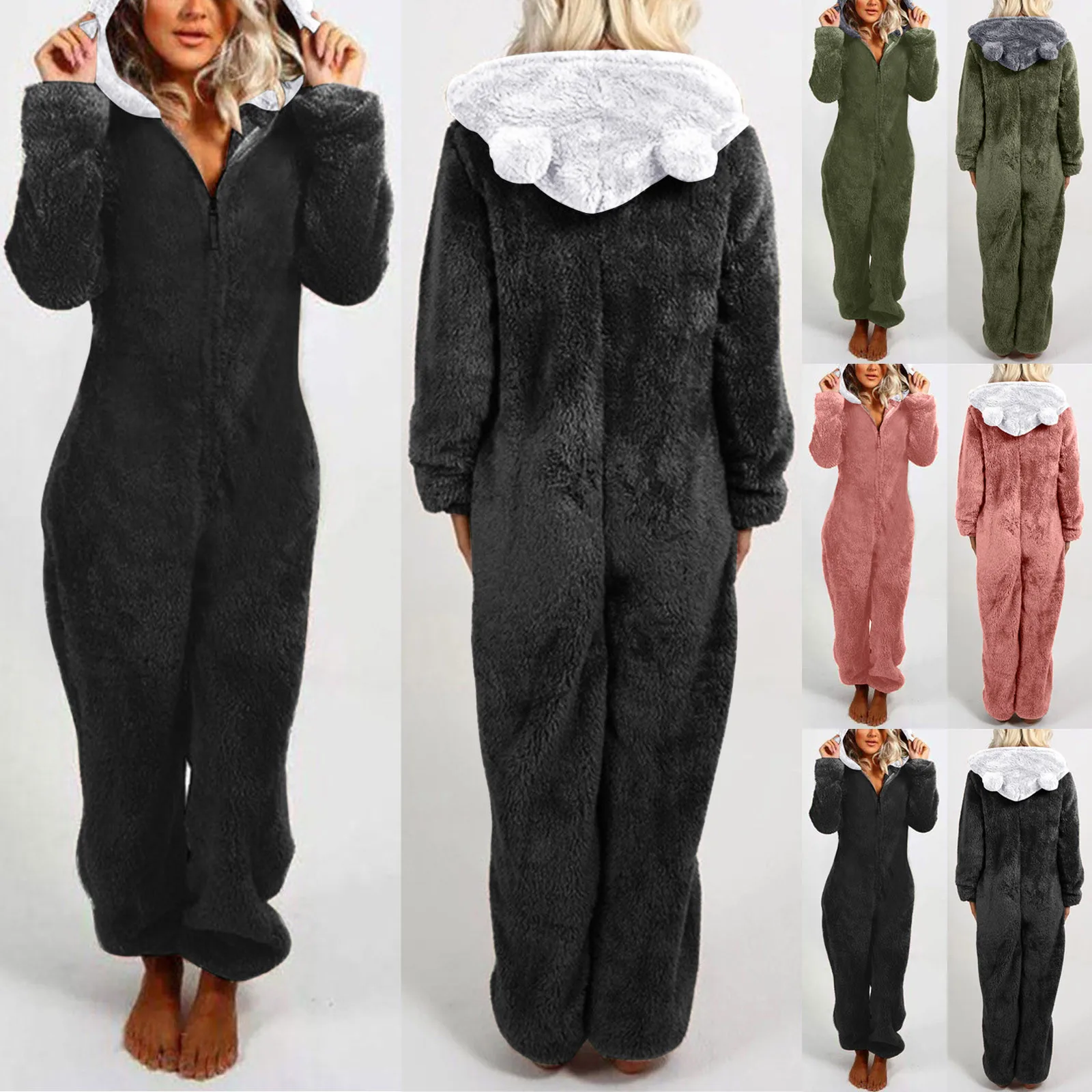 

2023 Пижама-комбинезон на молнии, пушистая флисовая Пижама для женщин, зимняя теплая одежда для взрослых с капюшоном, одежда для отдыха, общий размер 5XL