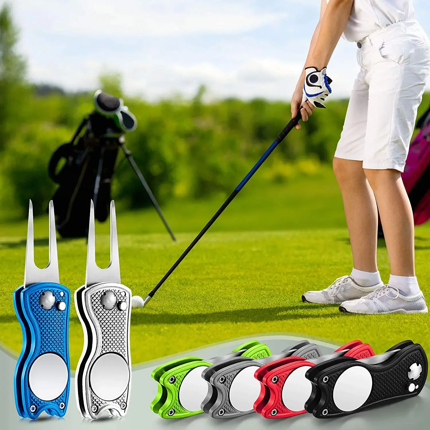 

New Metal Foldable Golf Divot Repair Tool with Magnetic Ball Marker and Pop-up Button Green Tool Accessories Gift For Golfer