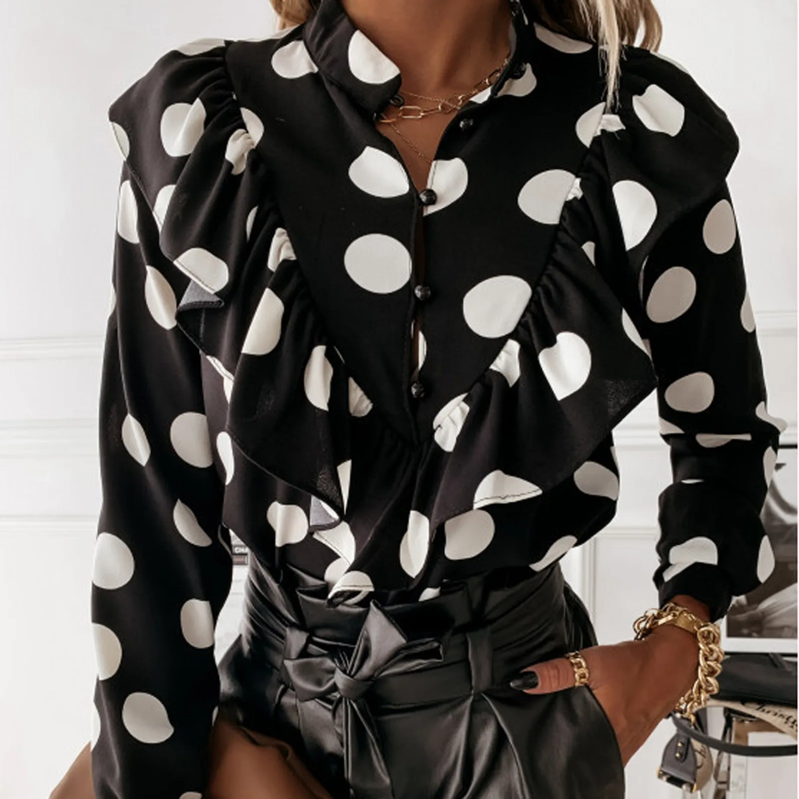 

Women Dots Print Blouse Ruffled Stank Pleated Long Sleeve Loose Fit Elegant Shirts Tops Summer Streetwear Vacation Smock Clothes