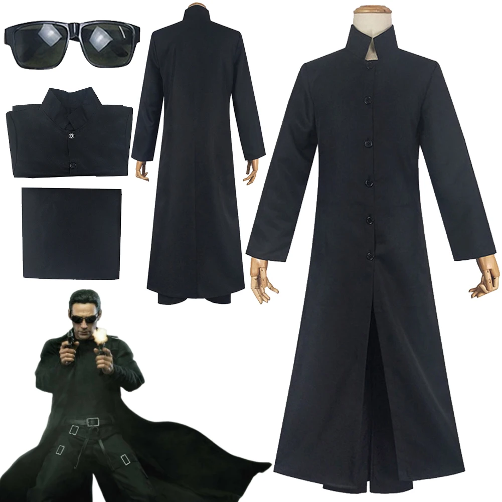 

Neo Cosplay Disguise Glasses Coat Costume Movie Hacker Empire Roleplay Black Jacket Pants Outfits Adult Men Halloween Party Suit