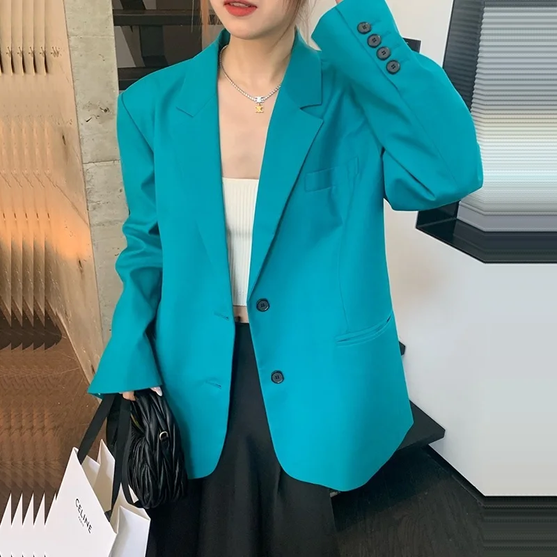 

Spring New Korean Loose Lake Blue Suit Jacket Women Casual Notched Collar Single-breasted Long Sleeve Blazer Coat Female Outwear