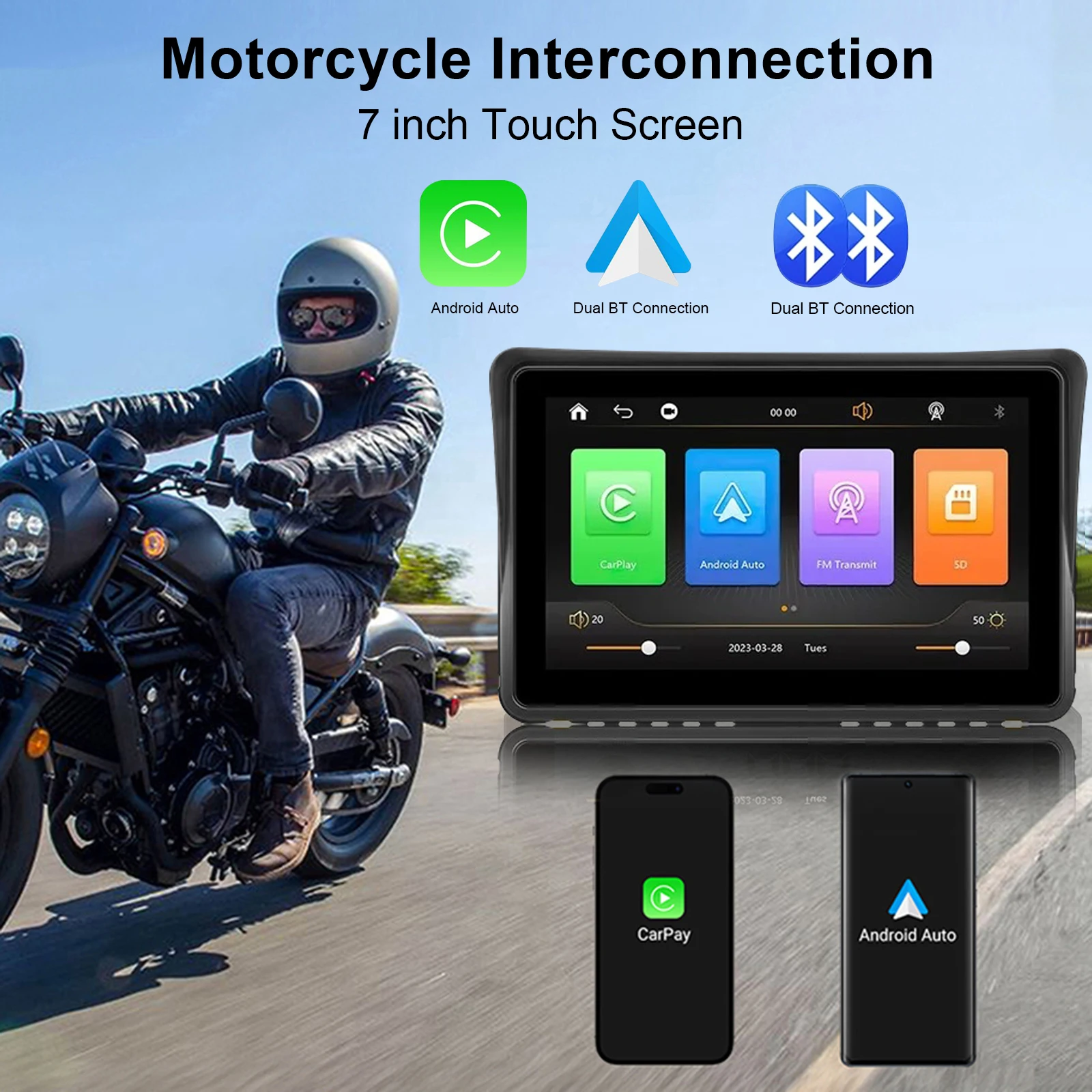 

Dual Bluetooth Portable Motorcycle GPS/Navigation 7 Inch Outdoor 800nit Screen IPX7 Waterproof Motorcycle CarPlay Android Auto