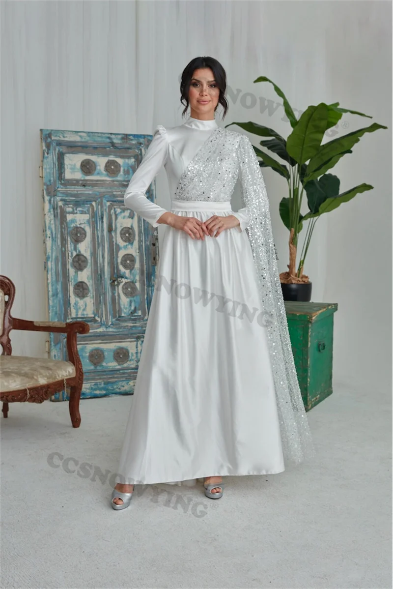 

Sequin Beaded Hijab Muslim Evening Dresses Islamic Satin Long Sleeve Formal Party Gown Women Arabic Dubai Robe De Soiree