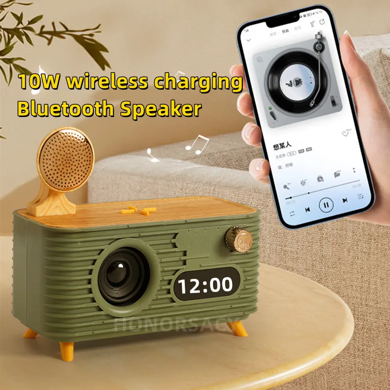 

Portable Mobile Phone 10W Wireless Charger Retro Bluetooth Speaker 360 Surround Sound Clock Speakers Aromatherapy Audio Gift