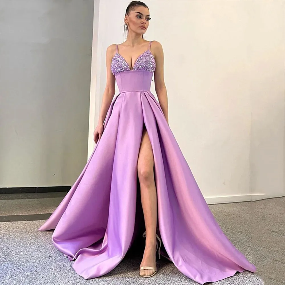 Lavender Sexy Satin Sequin Evening Dresses Formal Spaghetti Strap V-Neck High Split Prom Party Gowns robes de soirée
Lavender Sexy Satin Sequin Evening Dresses Formal Spaghetti Strap V-Neck High Split Prom Party Gowns robes de soirée