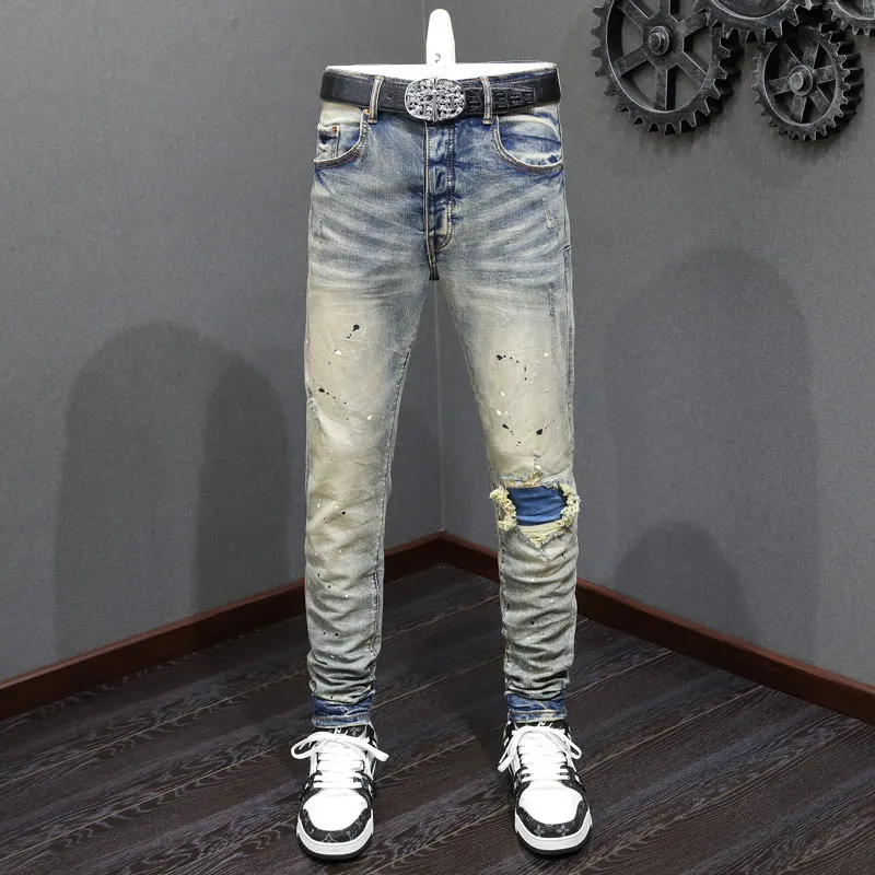 

High Street Fashion Men Jeans Retro Washed Blue Stretch Skinny Fit Painted Ripped Jeans Men Patched Designer Hip Hop Brand Pants