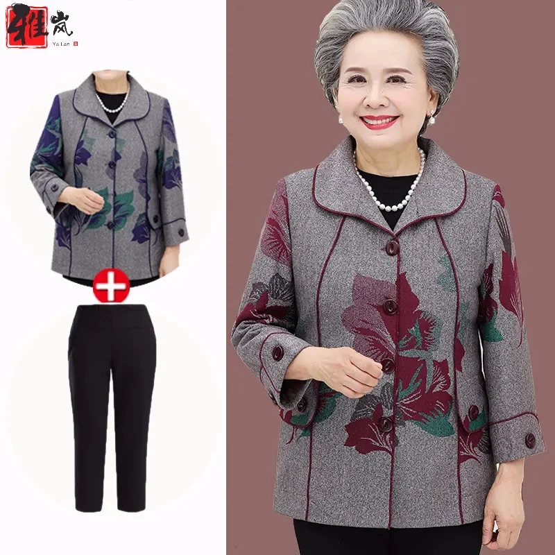 

Mom Spring Attire Thin Style Long Sleeved Tops Jacket Middle Aged And Elderly Mothers Long Sleeved Tops Pant Set Two Piece Set