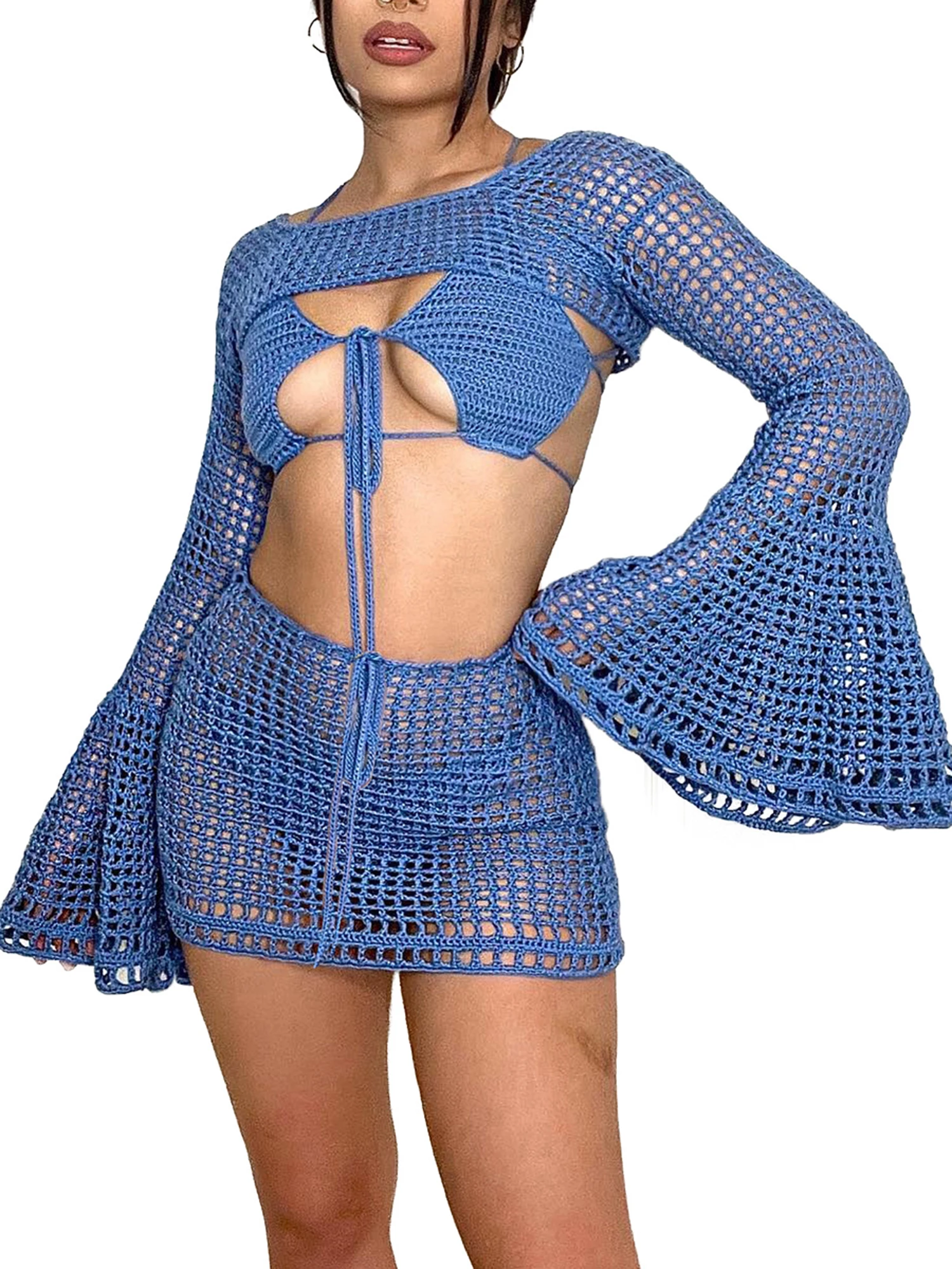 

Chic 3-Piece Set Flared Long Sleeve Knit Cover-Ups Halter Neck Tops and Sarong Mini Skirts with Hollow-Out Details for Women